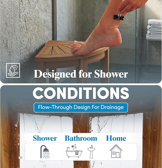 AquaTeak 12" Kai OptiAREA Teak Foot Rest - Corner Shower Stool for Shaving Legs - Durable, Water-Resistant Foot Stool with Anti-Slip Feet & Space-Saving Design - Indoor & Outdoor Use