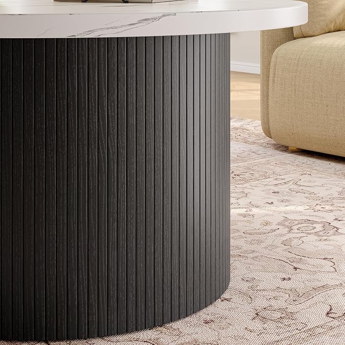 ONBRILL 31.5" Round Coffee Table, Tambour Design Coffee Tables for Living Room, Mid Century Modern Wood Coffee Table, Drum Accent Small Center Table, Marble Texture