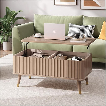 SULIVES Lift Top Coffee Table with Storage,Fluted Coffee Table with Lifting Top,Mid Century Modern Center Table with Solid Wood Legs,Small Coffee Tables for Living Room,Oak