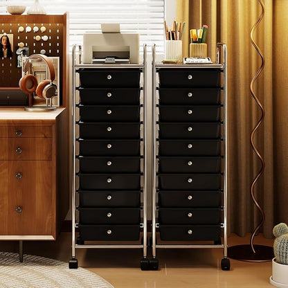 RELAX4LIFE 10-Drawer Rolling Storage Cart, Utility Cart with Metal Frame, Lockable Wheels & Removable Drawers, Multipurpose Art Craft Organizer for Home Office Classroom (Black)
