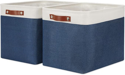 HNIZGE Large Rectangle Basket Fabric Baskets for Organizing [2 Pack] Tall Storage Basket Navy Blue Baskets 16" x 11.8" x 11.8" Shelf Baskets for Storage Linen Closet Organizers (Blue&White)