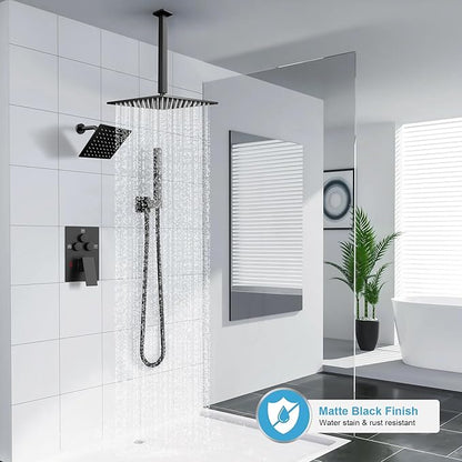 Shower Faucet Set Black Shower System, Ceiling Mount 12 Inch Shower Head With Wall Mount 6 Inch Shower Head and 2 in 1 Handheld Spray, Push Button Diverter Shower Valve Trim Kit Complete