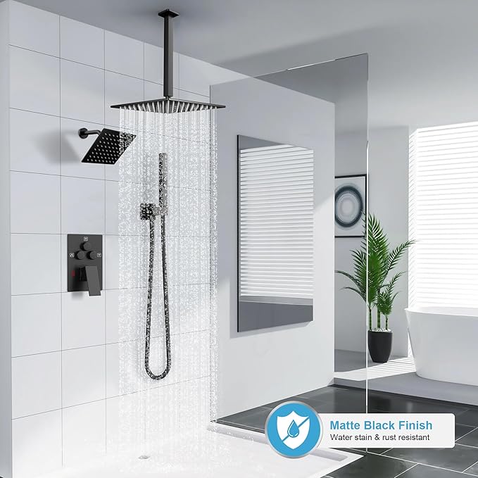 Shower Faucet Set Black Shower System, Ceiling Mount 10 Inch Shower Head With Wall Mount 6 Inch Shower Head and 2 in 1 Handheld Spray, Push Button Diverter Shower Valve Trim Kit Complete