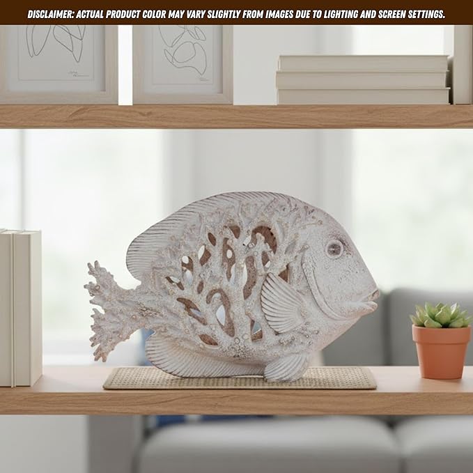 Coral Reef Fish Figurine Nautical Home Decor White Accent Centerpiece Coastal Tabletop Collection 12 1/2 Inch Sculpture