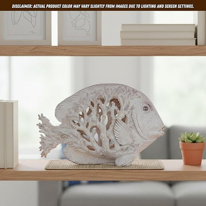 Coral Reef Fish Figurine Nautical Home Decor White Accent Centerpiece Coastal Tabletop Collection 12 1/2 Inch Sculpture
