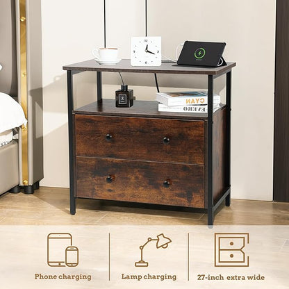 27 inch Wide Night Stand Set 2 with Charging Station, Bedside Table with Open Shelf, 2 Drawers Small Wood Dresser, Modern Wood Nightstand for Bedroom/Living Room (Retro Brown)