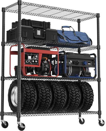 M MZG 1400LBS 47.2" W 4 Tiers Storage Shelves Metal Shelving Unit with Wheels Heavy Duty Garage Shelving Adjustable Wire Shelves for Pantry,Kitchen,Garage,Basement,Black 17.7" D x 47.2" W x 62.7" H