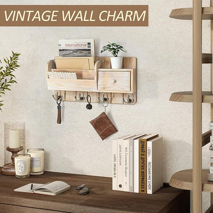 Rebee Vision Pine Wood Key Holder Wall Mount with Mail Sorter - Decorative Entryway Mail Organizer Wall Mounted with Key Hooks and Drawer Organizer - Home Essentials for Room Decor (Natural Wood)