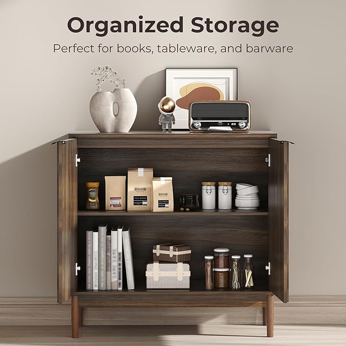 Fluted Cabinet with Storage, Buffet Cabinet Sideborad with 2 Doors, Brown Buffet Storage Accent Cabinets with Adjustable Shelves for Living Room, Entry, Hallway, Kitchen