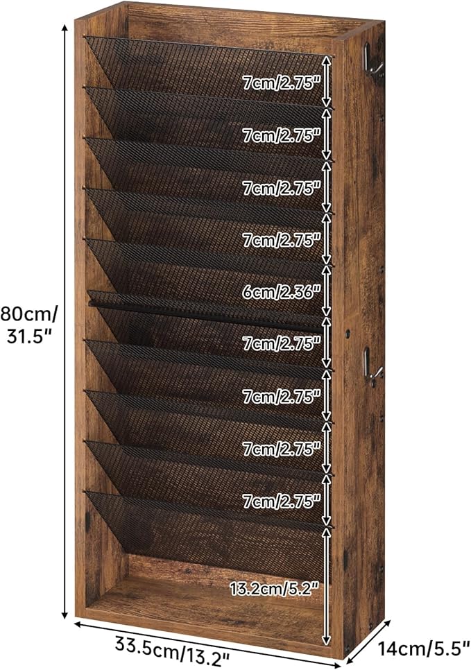 Hanging Wall File Organizer, 11 Tier Wood Wall File Holder with 4 Hooks, Mail Organizer Wall Mounted with Bottom Flat Tray, Vertical Paper Desk Storage for Office, Home, Rustic Brown