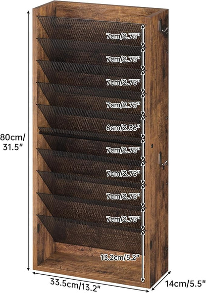 Hanging Wall File Organizer, 11 Tier Wood Wall File Holder with 4 Hooks, Mail Organizer Wall Mounted with Bottom Flat Tray, Vertical Paper Desk Storage for Office, Home, Rustic Brown