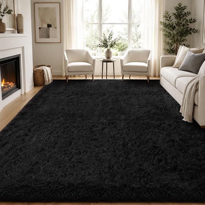 8x10 Area Rugs for Living Room Bedroom: Soft Fluffy Black Shag Upgrade Non-Slip High Pile Carpet Large Fuzzy Plush Indoor Floor Decor Shaggy Rug for Kid Boys Girls Dorms Playroom Nursery Modern Home
