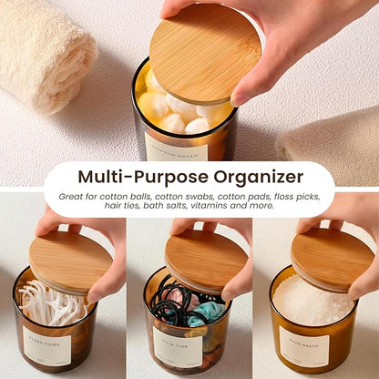 Maisonovo Glass Bathroom Containers with Lids (Airtight) - Qtip Holder - Apothecary Jars for Cotton Rounds, Swabs, Balls - Amber Bamboo Q Tip Dispenser - 2 pc Bathroom Canisters Set for Organization