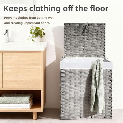 Woven Laundry Hamper with Lid,34 Gal(130 L) Rattan Wicker Laundry Basket 2 Sections with Lid, Removable Machine Washable Line, Large Clothes Hamper with Handles for Bathroom Bedroom, Gray