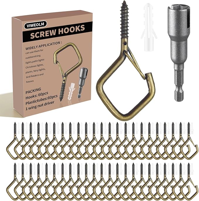 60 Pcs Bronze Eye Hooks Screw Heavy Duty,Ceiling Hooks for Hanging Plants,String Lights,Cup,Wind Chime,Bird Feeders. Plant Hanger Indoor&Outdoor