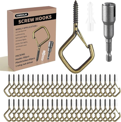 60 Pcs Bronze Eye Hooks Screw Heavy Duty,Ceiling Hooks for Hanging Plants,String Lights,Cup,Wind Chime,Bird Feeders. Plant Hanger Indoor&Outdoor