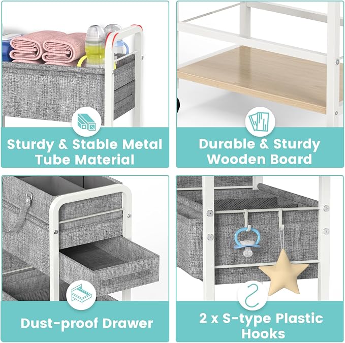 LIDTOP 2In1 Diaper Caddy & 4-Tier Rolling Diaper Cart, Diaper Caddy Organizer Cart with Dividers & Drawer, Mobile Metal Bedside Cart for Baby Nursery Essentials Storage, Large Capacity, White