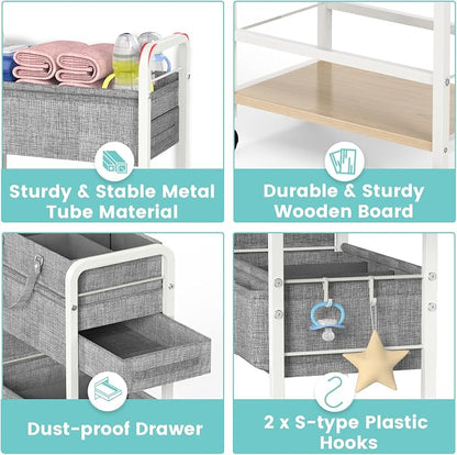 LIDTOP 2In1 Diaper Caddy & 4-Tier Rolling Diaper Cart, Diaper Caddy Organizer Cart with Dividers & Drawer, Mobile Metal Bedside Cart for Baby Nursery Essentials Storage, Large Capacity, White