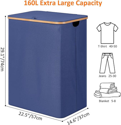efluky Laundry Hamper with Lid, Trio Laundry Basket with 2 Removable Bags, 3 Section Laundry Bin with Bamboo Handles for Bathroom, Bedroom & Laundry Room, 160L (42.3 Gallon) Blue
