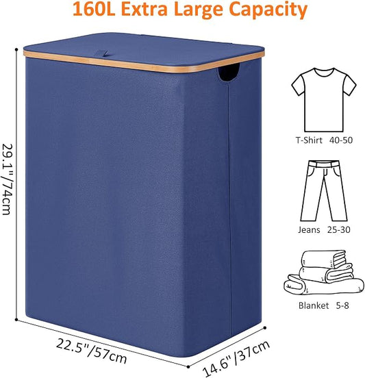 efluky Laundry Hamper with Lid, Trio Laundry Basket with 2 Removable Bags, 3 Section Laundry Bin with Bamboo Handles for Bathroom, Bedroom & Laundry Room, 160L (42.3 Gallon) Blue