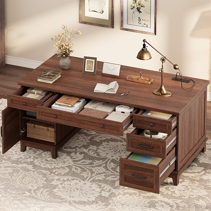60" Executive Desk with Power Outlet, Home Office Desk with Drawers, Wooden Work Desk with File Cabinet, Computer Desk for Work, Study, Writing, Brown