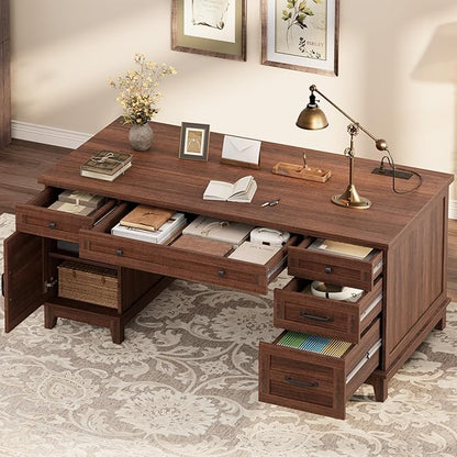 60" Executive Desk with Power Outlet, Home Office Desk with Drawers, Wooden Work Desk with File Cabinet, Computer Desk for Work, Study, Writing, Brown