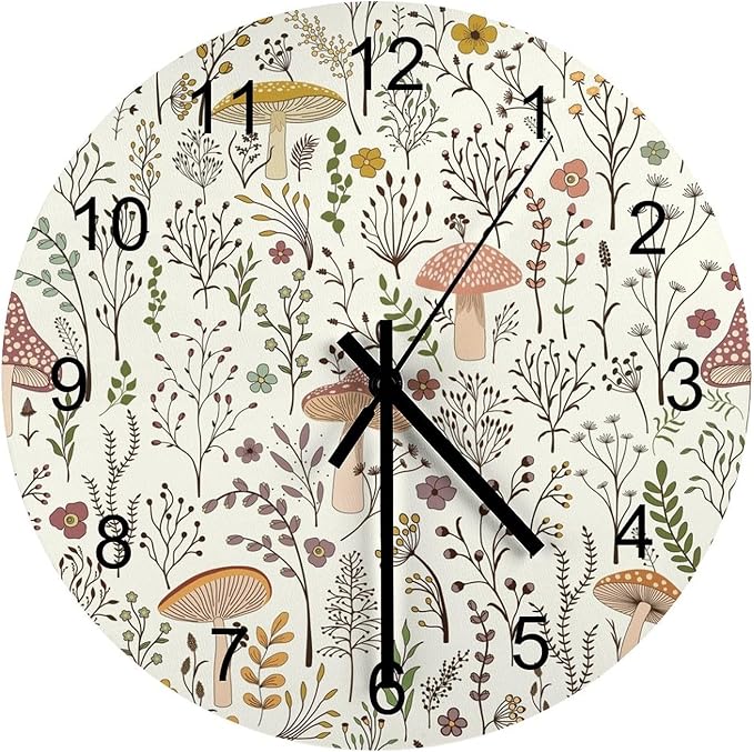 Botanical Wood Wall Clock, Colorful Mushroom Floral Green Leaves Boho Plants Pattern Botanical 12 Inch Silent Non-Ticking Battery Operated Round Clock for Bedroom Living Room Office Kitchen Decor