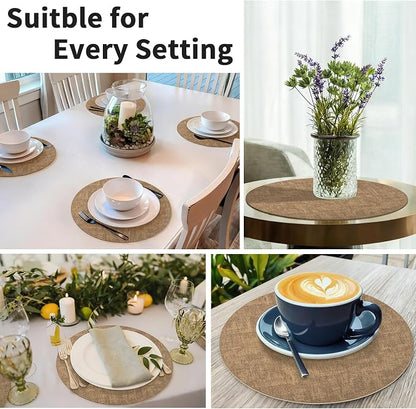Maxpearl Round Placemats Set of 6, 13.8 inch Faux Leather Heat Resistant Table Mats, Non Slip Waterproof Wipeable Place Mats for Kitchen Dining Holiday Party Table Settings, Brown