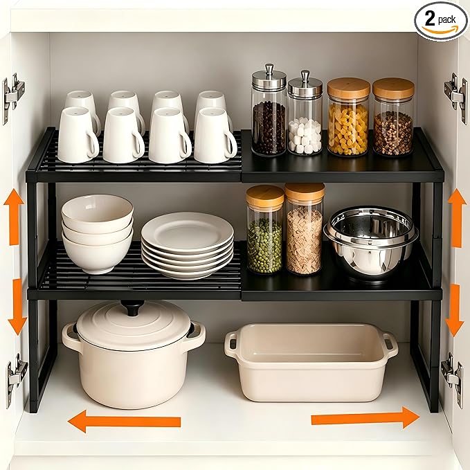 Shelf Organizer Stackable 2 Pack: Expandable (15.8"-25.5") Spice Rack Height Adjustable(6.2"/7.3"/8.5") Kitchen Organizer Countertop Metal Shelves for Pantry Storage Black