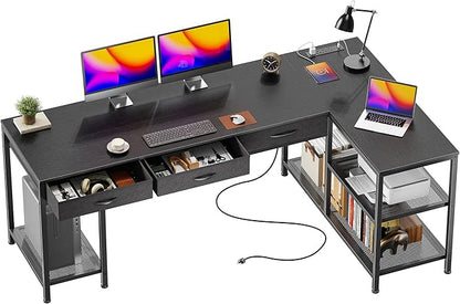 PRAISUN 63 Inch L Shaped Office Desk with Power Outlets and Type-C Port, Large Computer Gaming Desk with 3 Fabric Drawers, Mesh Shelves, Corner Study Work Writing Desk, Black