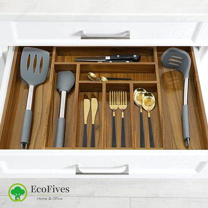 Luxury Acacia Kitchen Drawer Organizer - Silverware Organizer - Utensil Holder and Cutlery Tray with Grooved Drawer Dividers for Flatware and Kitchen Utensils (8 Slot), 17*12.4*2 inch