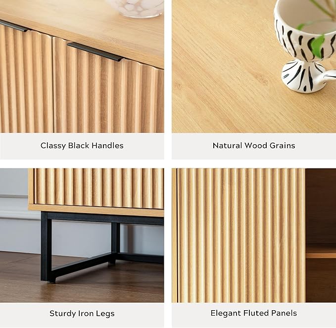 Fluted Storage Cabinets Set of 3, Sideboard Buffet Cabinets with Adjustable Shelves, Modern Accent Credenza, Console Table Entryway Cabinet for Living Room, Natural Oak