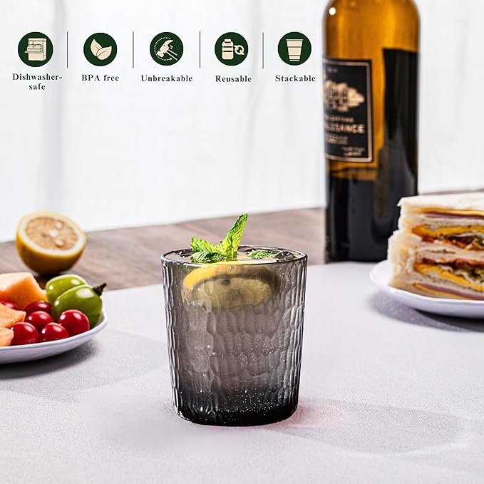 15oz and 22oz Grey Acrylic Glasses Drinkware (Set of 8), Honeycomb Stackable Shatter-Proof Plastic Tumblers, Reusable Plastic Drinking Glasses, BPA-Free, Dishwasher-Safe