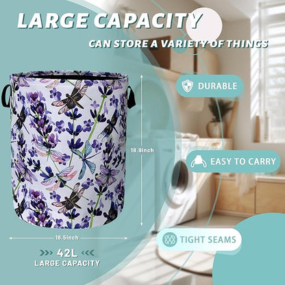 Dragonfly Laundry Basket Foldable With Handles Purple Floral Tote Bag Oxford Cloth Colorful Laundry Hamper Clothes Storage Bucket Toy Organizer For Bathroom/Laundry/Bedroom 18.9" x 16.5 "