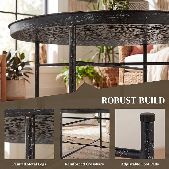HOMCOM 24" Round Coffee Table with Hammered Tray Top, Vintage Metal Center Table for Living Room, Bedroom, Side Table, Pewter