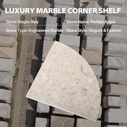 Koville Italian Marble Corner Shower Shelf for Bathroom, 10'' Marble Corner Shelves for Bath, Wall Mounted Stone Corner Shower Caddy, No Drilling Adhesive Shower Shelf - Perlato Appia (2-Layer)