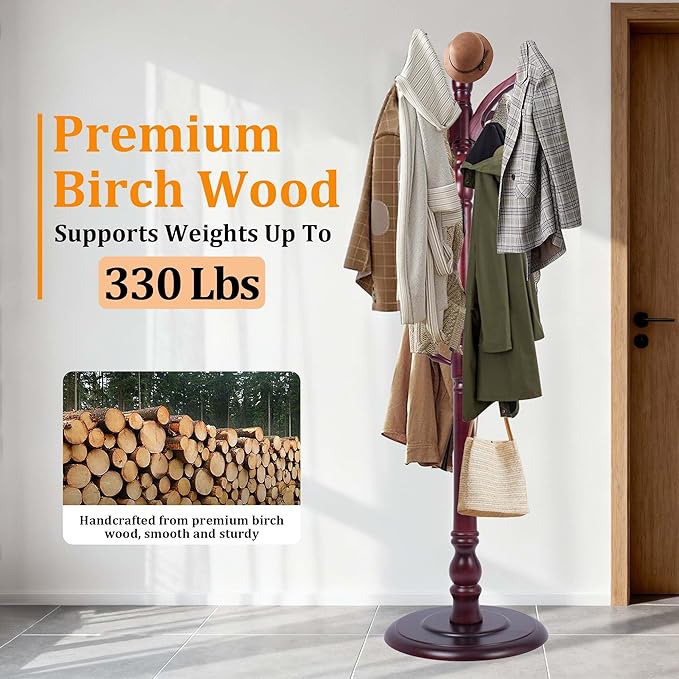 Wood Coat Rack Stand Heavy Duty, Coat Hanger Stand Height 72“ with Hooks, Coat Tree Freestanding for Entrance, Office, Living Room, Bedroom, Corridor