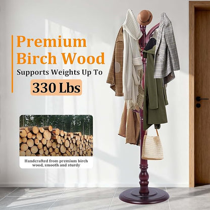 Wood Coat Rack Stand Heavy Duty, Coat Hanger Stand Height 72“ with Hooks, Coat Tree Freestanding for Entrance, Office, Living Room, Bedroom, Corridor