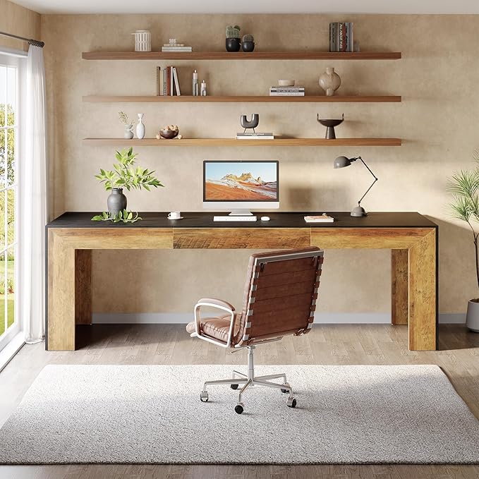 Tribesigns 78.7-Inch Long Computer Desk for 2 People, Farmhouse Executive Desk with Wooden Desktop and Legs, Large Workstations Writing Table Gaming Table for Home Office, Heavy Duty, Black + Brown