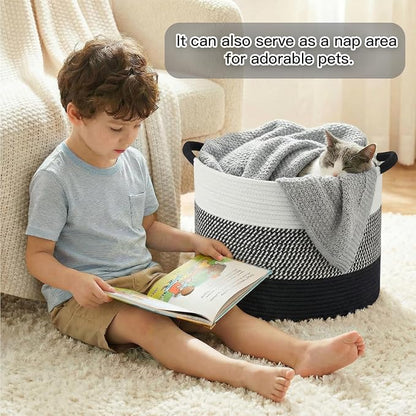 Artfeel 100L Large Cotton Rope Basket, Decorative Woven Blanket Storage for Living Room, Boho Toy Storage & Toy Box for Kids, Versatile Laundry Basket & Nursery Hamper for Blankets(Black)