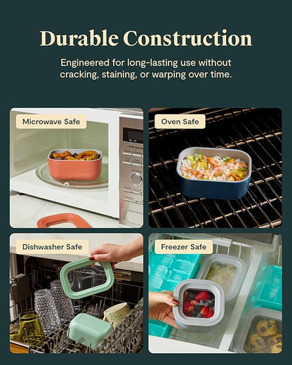 Caraway 6pc Glass Food Storage Set - 2.6 Cup Storage Containers For Food (6) - Non-Toxic Ceramic-Coated Glass - Air Release Technology - Compact & Stackable Design - Gray