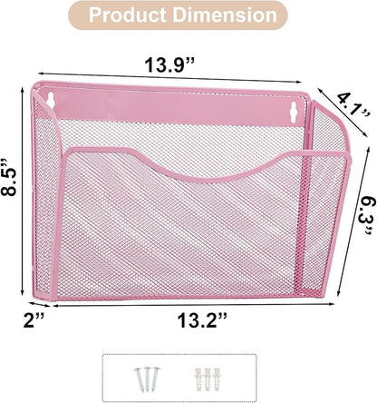 EASEPRES 3 Single Pocket Mesh Hanging File Organizer, Vertical Wall Mounted Magazine File Holder, Mount Basket Mail Paper Document Folder Organizing for Office, Home and School, Pink