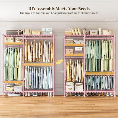Raybee Portable Closet 780LBS, Heavy Duty Clothes Rack, Freestanding Clothing Rack with 3 Hanging Rods & 6 Shelves, Adjustable Wardrobe Closet Organizer System, Pink