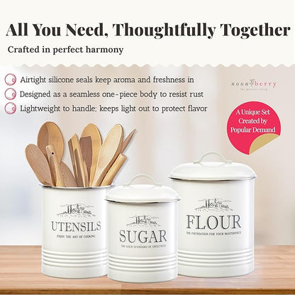 noonberry Kitchen Canisters for Countertop - 3-Piece Airtight Canister Set for the Kitchen Counter with Utensil Holder - Flour Sugar Containers - Cream-White Magnolia Finish