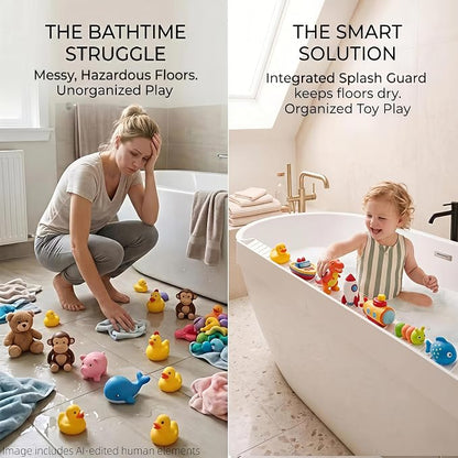 Bathtub Splash Guard for Tub Kids, Silicone Bath Toy Holder & Tub Side Tray with Suction Cups, Bath Tub Shelf for Kids, Bathtub Toy Storage, Green