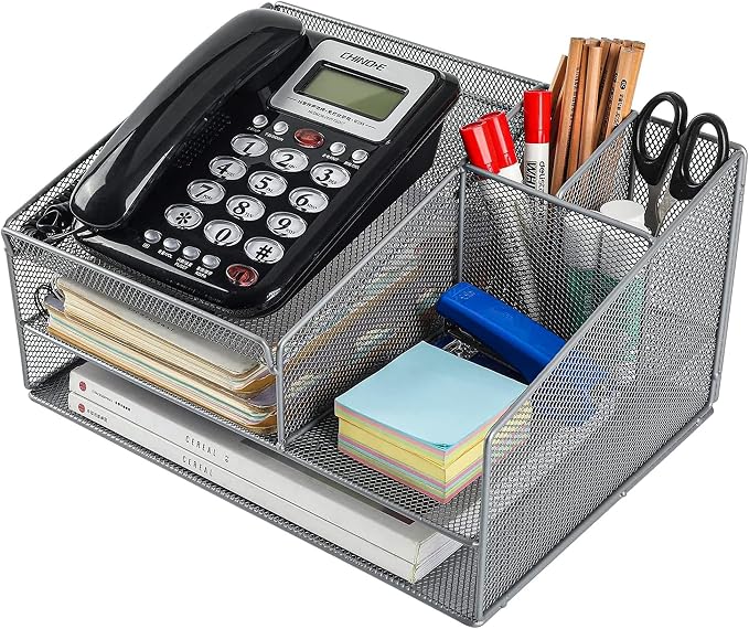Phone Stand for Desk with 2 Pen Holder, Metal Mesh Desk Organizer with Telephone Holder, 3 Tier Office Storage Desktop Organizer for Workspace, Home, School, Silver