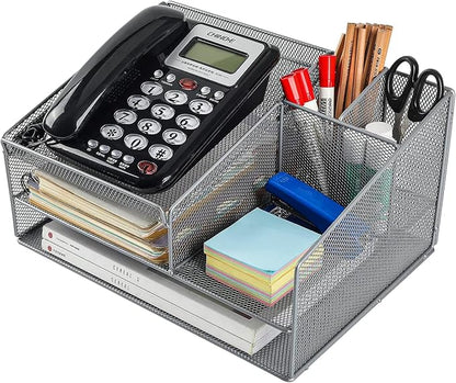 Phone Stand for Desk with 2 Pen Holder, Metal Mesh Desk Organizer with Telephone Holder, 3 Tier Office Storage Desktop Organizer for Workspace, Home, School, Silver
