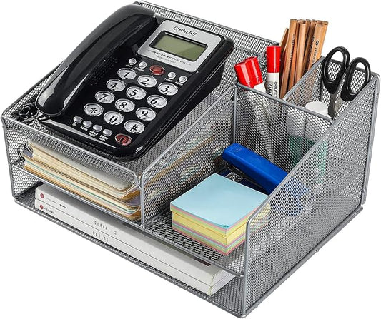 Phone Stand for Desk with 2 Pen Holder, Metal Mesh Desk Organizer with Telephone Holder, 3 Tier Office Storage Desktop Organizer for Workspace, Home, School, Silver