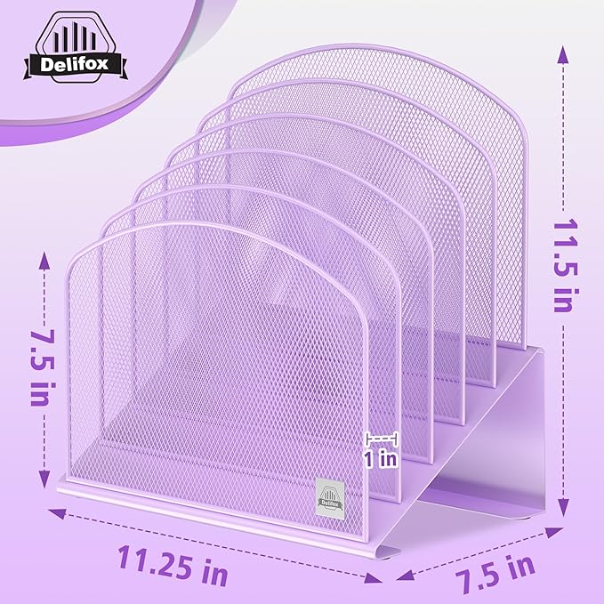 Inclined Desk File Organizer, 5-Section Vertical File Folder Holder Stand Metal Rack File Sorter for Office Classroom Desktop Organization (Purple, 2Pack)