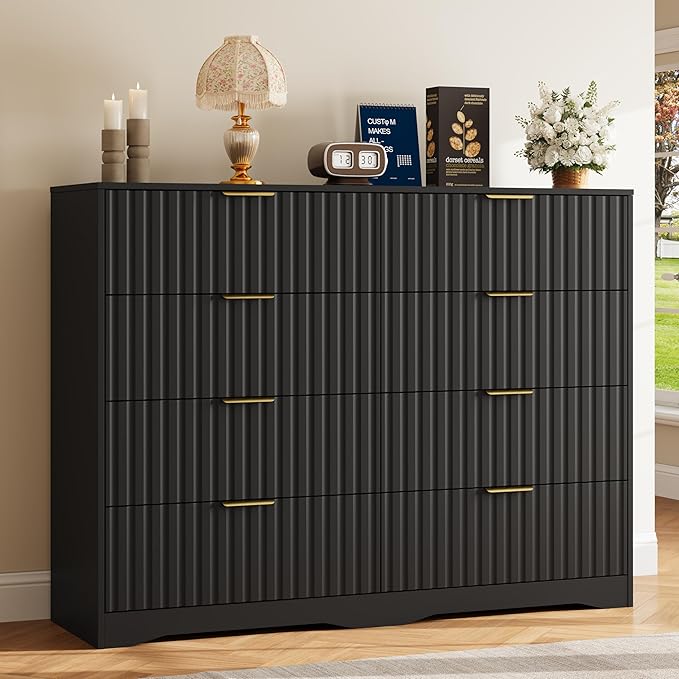 Fluted 8 Drawers Dresser for Bedroom, 55" Wide Wood Dressers Chest of Drawers with Metal Handle, Modern Dresser Storage Organizer for Living Room, Black